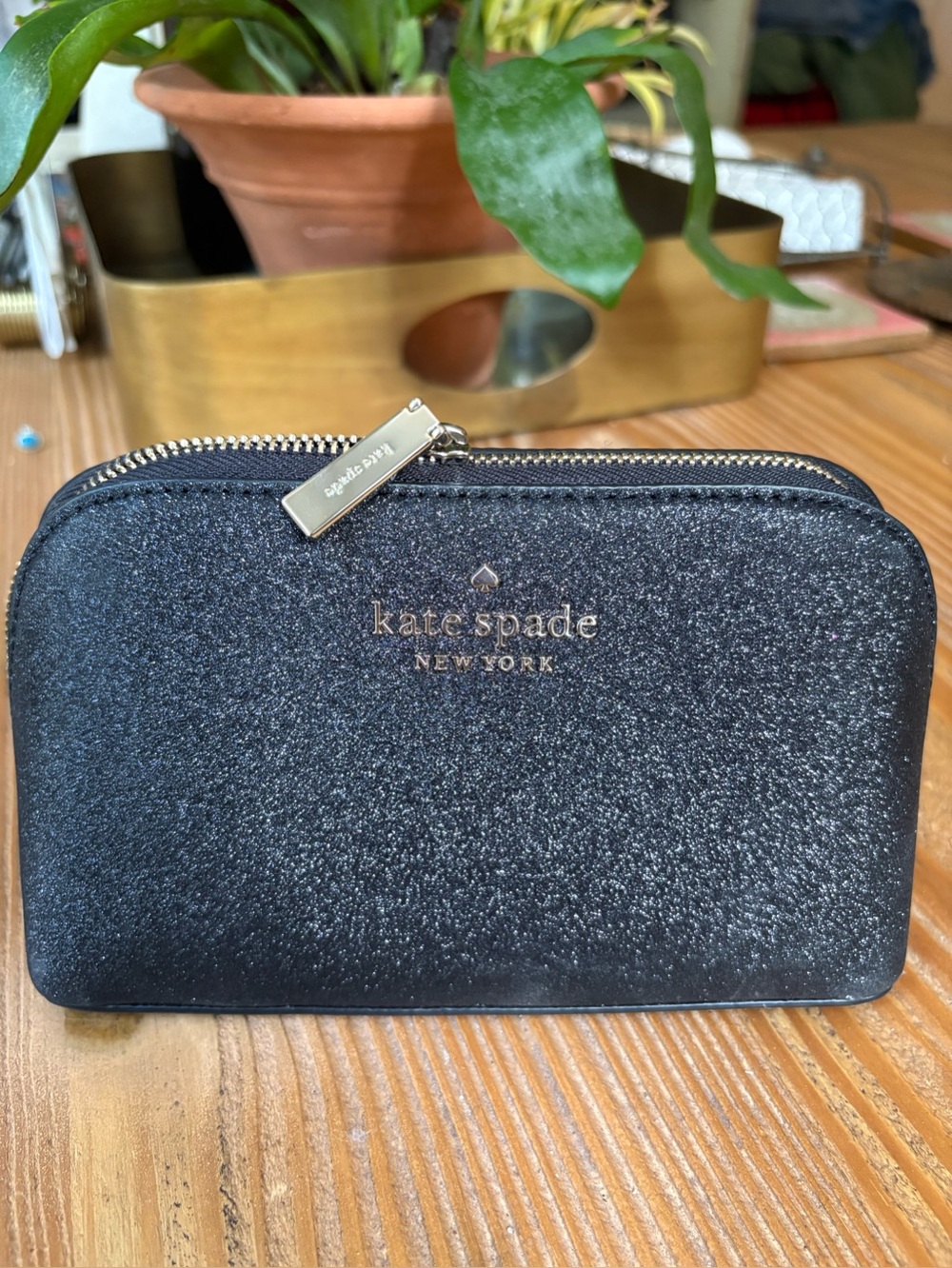 New Kate Spade Tinsel Small Makeup case glitter black